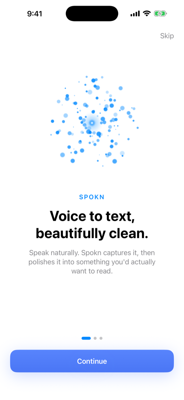 Spokn onboarding screen with the headline ‘Voice to text, beautifully clean.’