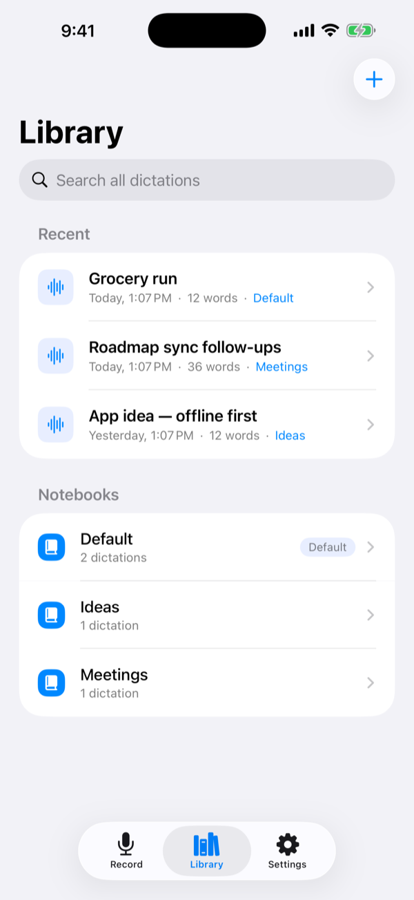 Spokn library listing recent dictations and organized notebooks.