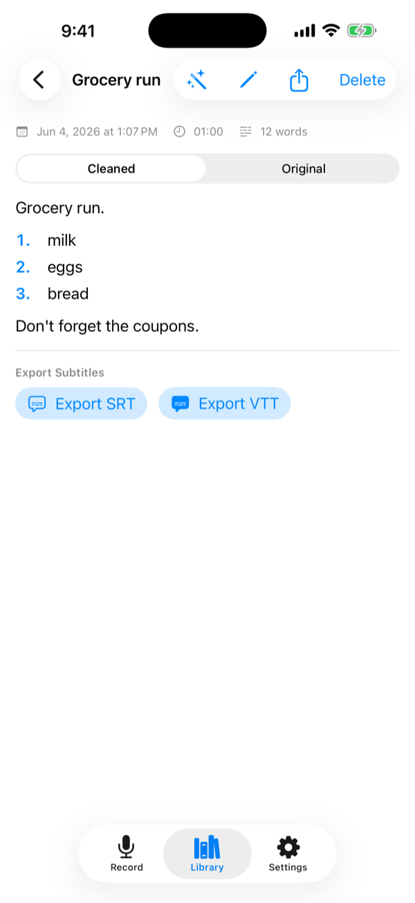 A Spokn transcription with cleaned and original toggles plus SRT and VTT export buttons.