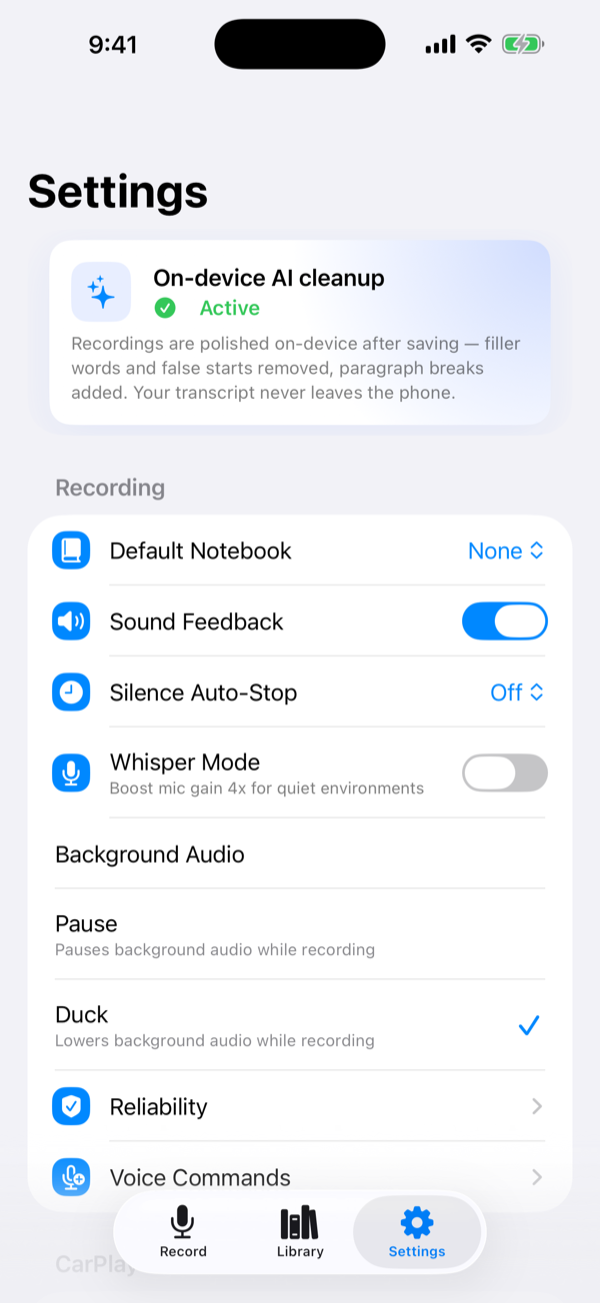 Spokn settings showing on-device AI cleanup marked active.
